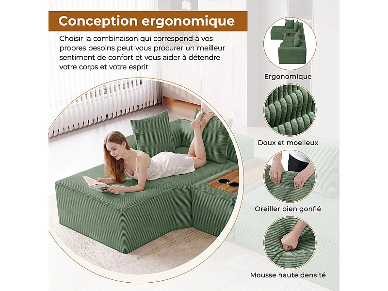 Canapé d'angle modulable en velours côtelé, avec gauche méridienne, table basse et porte-gobelets, 320x152x59cm, Vert
