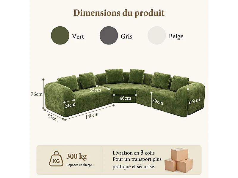 Canapé d'angle modulable en tissu chenille - Incurvé - avec 6 oreillers - 275x275x76cm - Vert