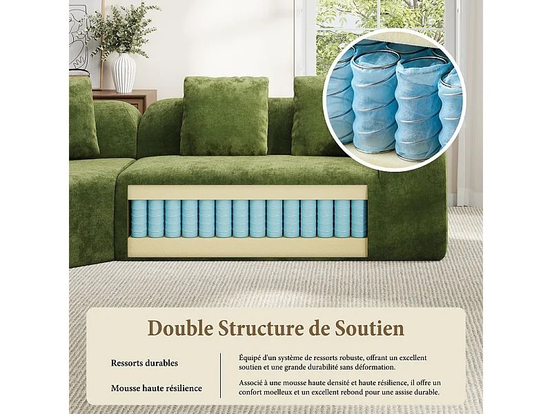 Canapé d'angle modulable en tissu chenille - Incurvé - avec 6 oreillers - 275x275x76cm - Vert