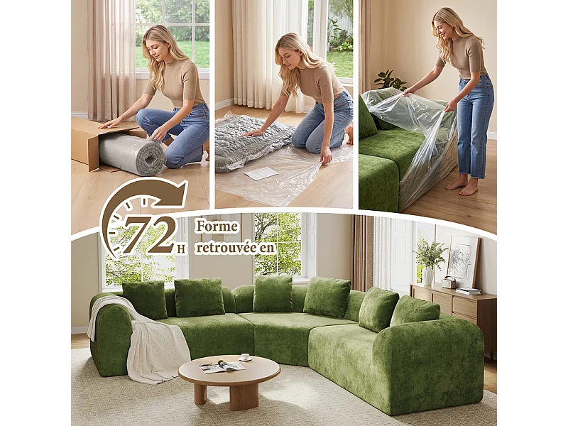 Canapé d'angle modulable en tissu chenille - Incurvé - avec 6 oreillers - 275x275x76cm - Vert