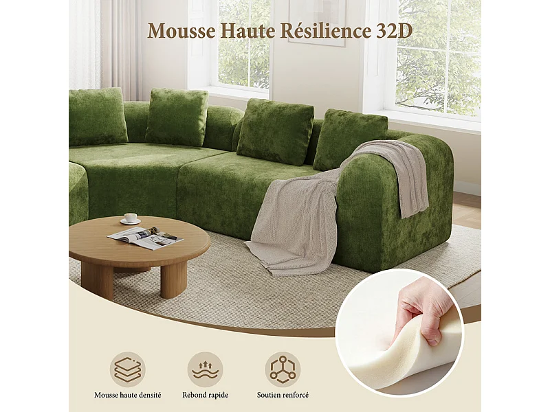 Canapé d'angle modulable en tissu chenille - Incurvé - avec 6 oreillers - 275x275x76cm - Vert