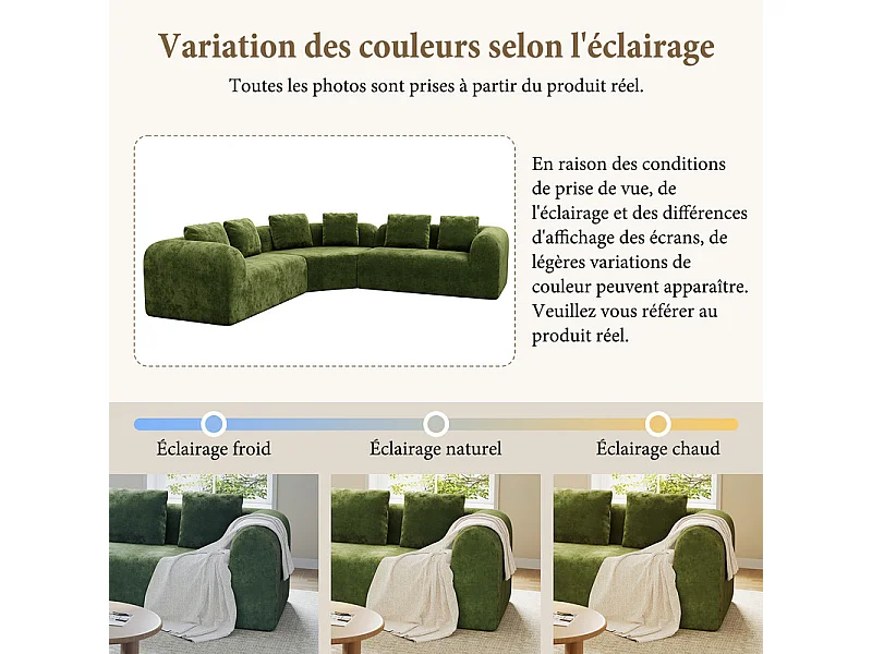 Canapé d'angle modulable en tissu chenille - Incurvé - avec 6 oreillers - 275x275x76cm - Vert