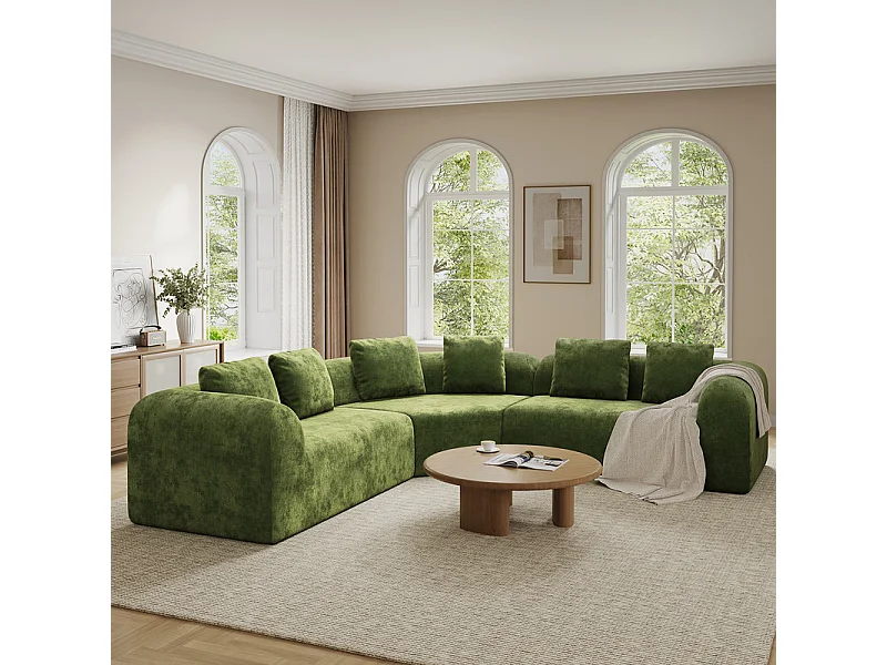 Canapé d'angle modulable en tissu chenille - Incurvé - avec 6 oreillers - 275x275x76cm - Vert