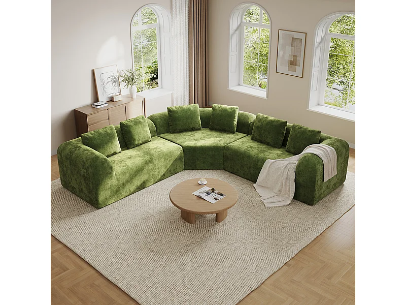 Canapé d'angle modulable en tissu chenille - Incurvé - avec 6 oreillers - 275x275x76cm - Vert