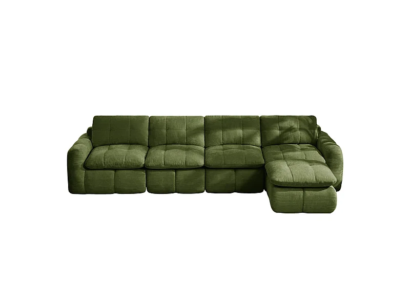 Sofá 4 plazas esquinero modular en tela chenilla, con puf, 334x160x68cm, Verde