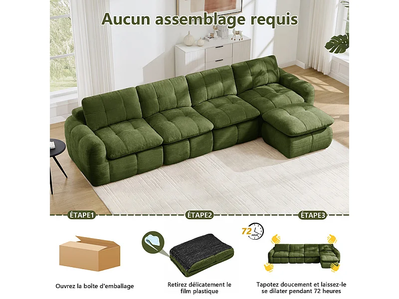 Sofá 4 plazas esquinero modular en tela chenilla, con puf, 334x160x68cm, Verde