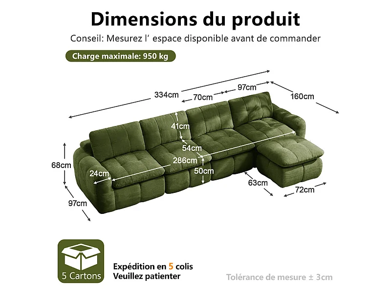 Sofá 4 plazas esquinero modular en tela chenilla, con puf, 334x160x68cm, Verde