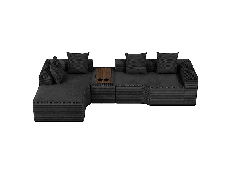 Canapé d'angle modulable en velours côtelé, avec gauche méridienne, table basse et porte-gobelets, 320x152x59cm, Noir