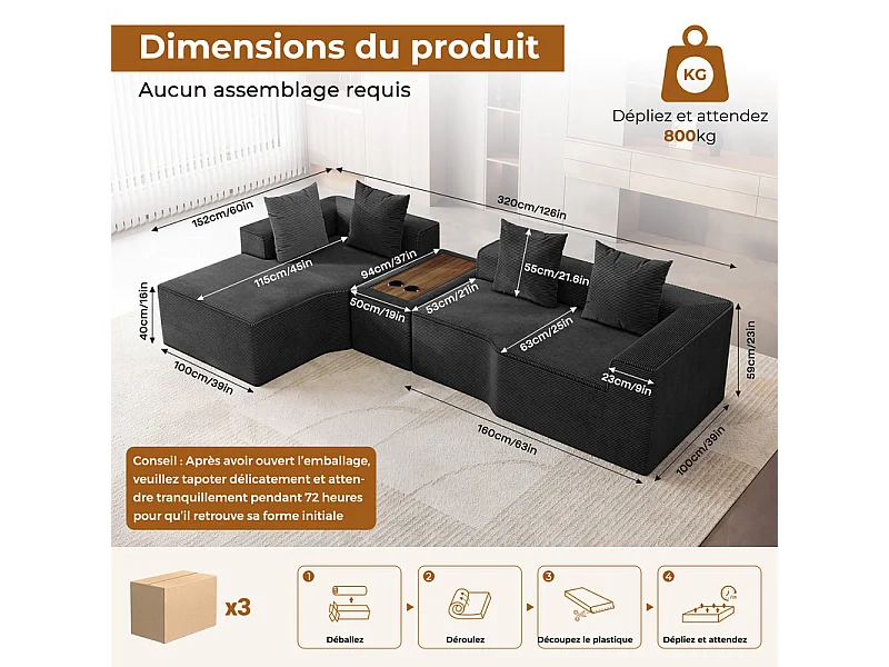 Canapé d'angle modulable en velours côtelé, avec gauche méridienne, table basse et porte-gobelets, 320x152x59cm, Noir