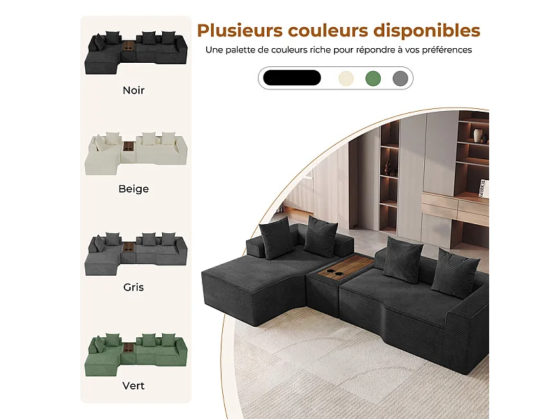 Canapé d'angle modulable en velours côtelé, avec gauche méridienne, table basse et porte-gobelets, 320x152x59cm, Noir