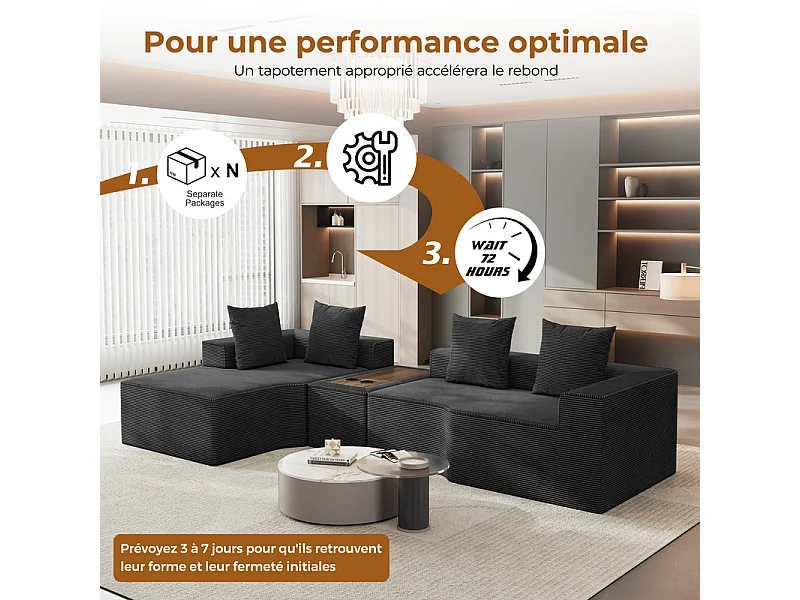 Canapé d'angle modulable en velours côtelé, avec gauche méridienne, table basse et porte-gobelets, 320x152x59cm, Noir