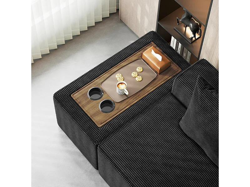 Canapé d'angle modulable en velours côtelé, avec gauche méridienne, table basse et porte-gobelets, 320x152x59cm, Noir