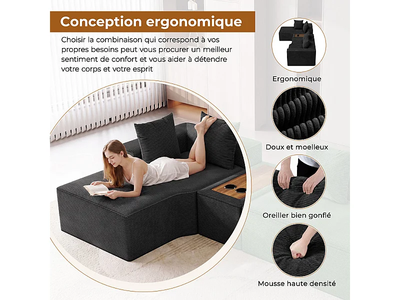 Canapé d'angle modulable en velours côtelé, avec gauche méridienne, table basse et porte-gobelets, 320x152x59cm, Noir