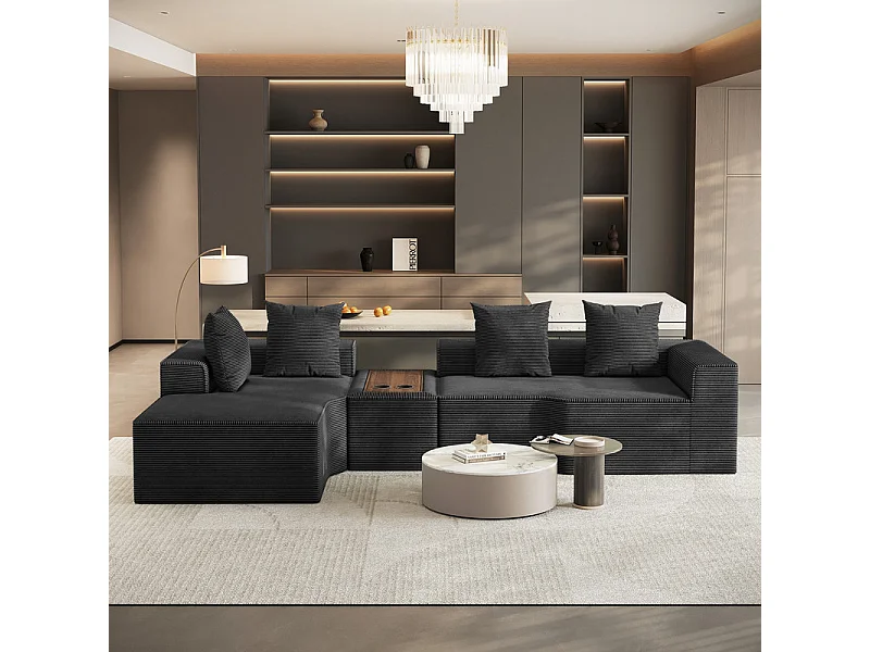 Canapé d'angle modulable en velours côtelé, avec gauche méridienne, table basse et porte-gobelets, 320x152x59cm, Noir
