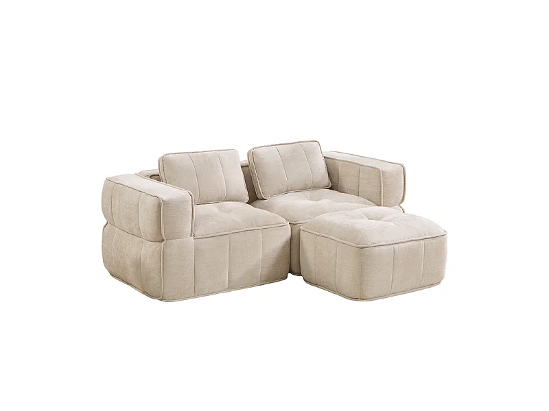 Sofá esquinero modular en tela, 2 plazas, con puf, 198x162x67cm, Beige