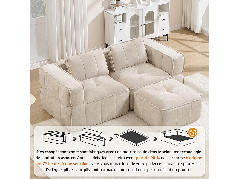Sofá esquinero modular en tela, 2 plazas, con puf, 198x162x67cm, Beige