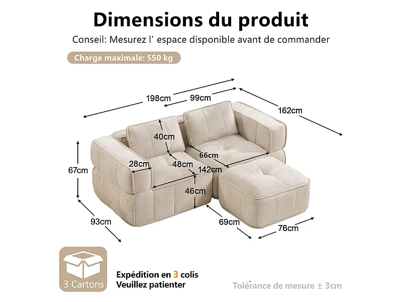 Sofá esquinero modular en tela, 2 plazas, con puf, 198x162x67cm, Beige