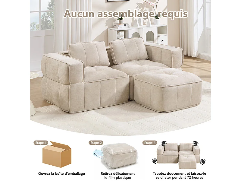 Sofá esquinero modular en tela, 2 plazas, con puf, 198x162x67cm, Beige