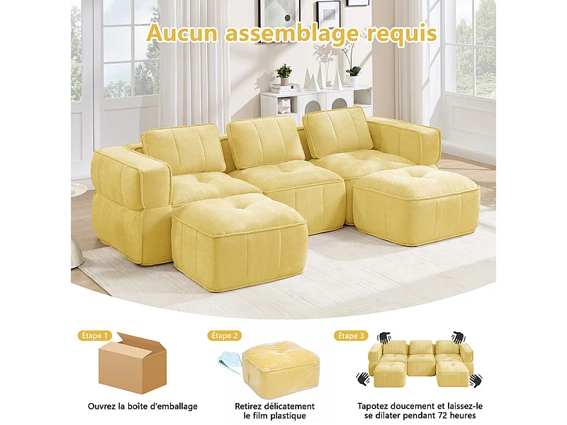 Sofá esquinero panorámico modular en tela, 3 plazas, con 2 puf, 271x162x67cm, Amarillo