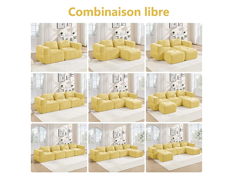 Sofá esquinero panorámico modular en tela, 3 plazas, con 2 puf, 271x162x67cm, Amarillo