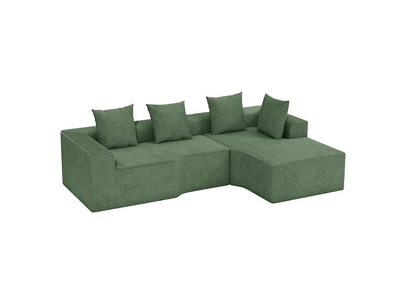 Canapé d'angle droit modulable, velours côtelé, avec 4 oreillers et méridienne, 270x152x59cm, Vert