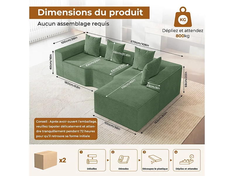 Canapé d'angle droit modulable, velours côtelé, avec 4 oreillers et méridienne, 270x152x59cm, Vert