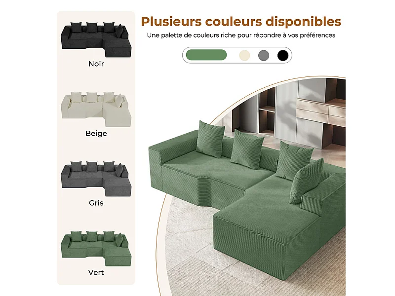 Canapé d'angle droit modulable, velours côtelé, avec 4 oreillers et méridienne, 270x152x59cm, Vert