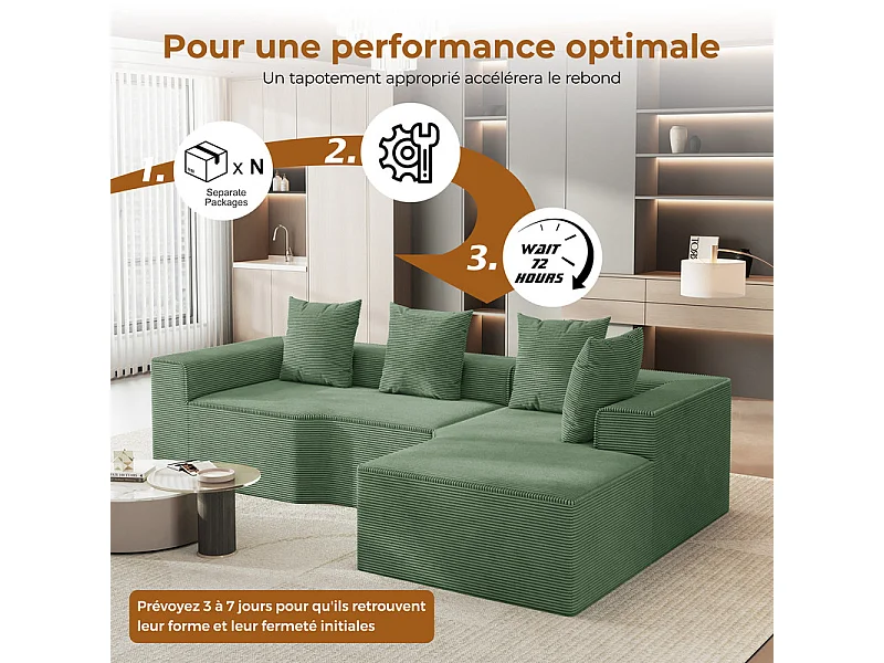 Canapé d'angle droit modulable, velours côtelé, avec 4 oreillers et méridienne, 270x152x59cm, Vert