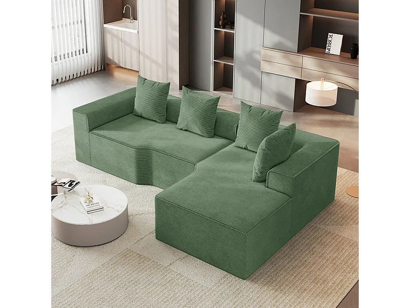 Canapé d'angle droit modulable, velours côtelé, avec 4 oreillers et méridienne, 270x152x59cm, Vert