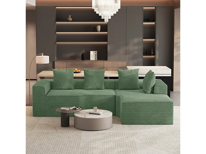 Canapé d'angle droit modulable, velours côtelé, avec 4 oreillers et méridienne, 270x152x59cm, Vert