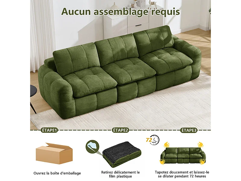 Modulaire 3-zits bank in groene chenillestof, met zitkussen en rugleuning, 264x97x68cm