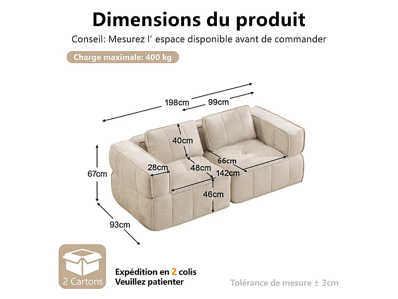 Modulaire 2-zits bank in beige stof, met antislip basis en brede armleuningen, 198x93x67cm