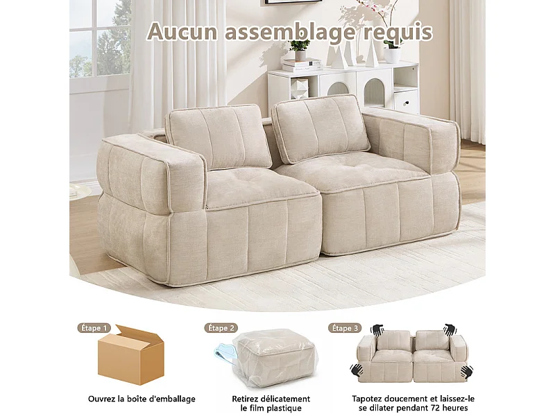 Modulaire 2-zits bank in beige stof, met antislip basis en brede armleuningen, 198x93x67cm