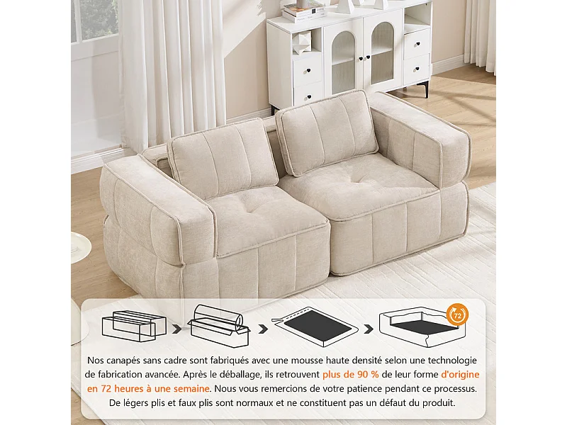 Modulaire 2-zits bank in beige stof, met antislip basis en brede armleuningen, 198x93x67cm