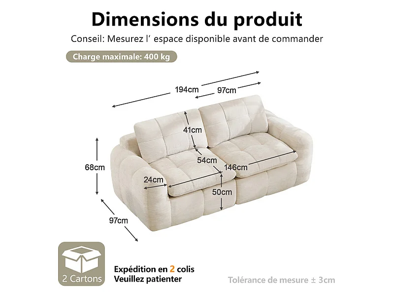 Modulaire 2-zits bank in beige chenillestof, met zitkussen en rugleuning, 194x97x68cm