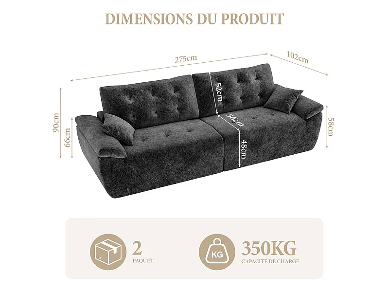 Canapé modulable en tissu chenille, 3/4 places, avec 2 oreillers, 275x102x90cm, Gris