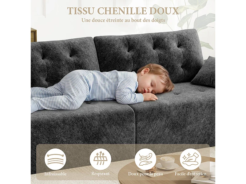Canapé modulable en tissu chenille, 3/4 places, avec 2 oreillers, 275x102x90cm, Gris