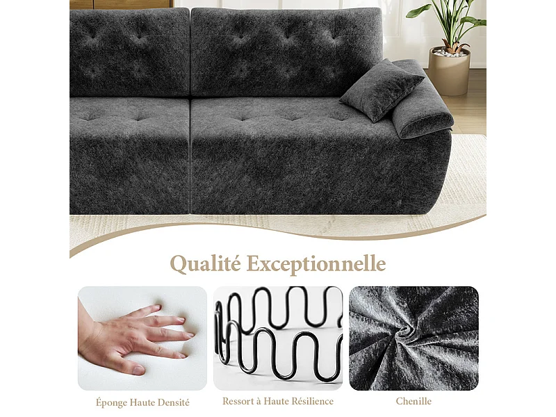 Canapé modulable en tissu chenille, 3/4 places, avec 2 oreillers, 275x102x90cm, Gris