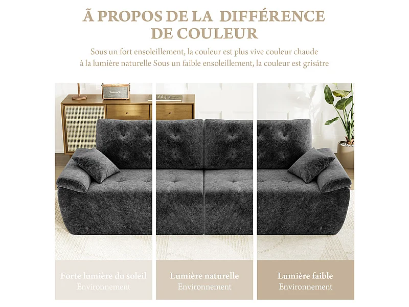 Canapé modulable en tissu chenille, 3/4 places, avec 2 oreillers, 275x102x90cm, Gris