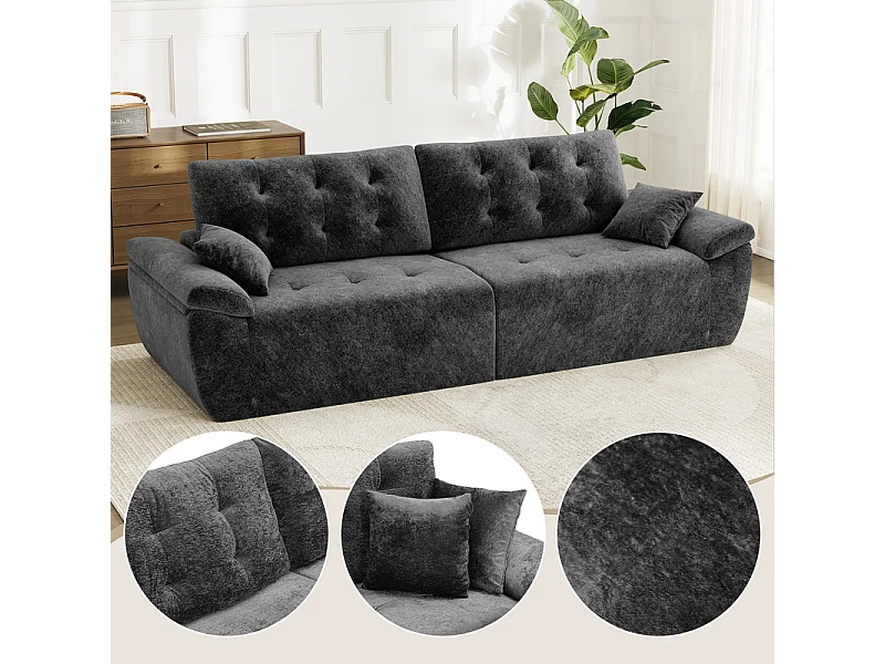 Canapé modulable en tissu chenille, 3/4 places, avec 2 oreillers, 275x102x90cm, Gris