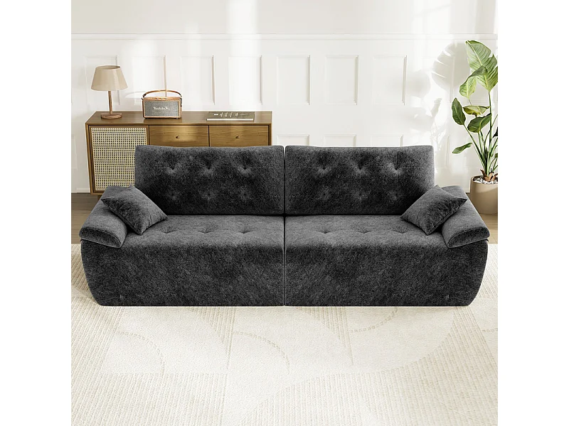 Canapé modulable en tissu chenille, 3/4 places, avec 2 oreillers, 275x102x90cm, Gris