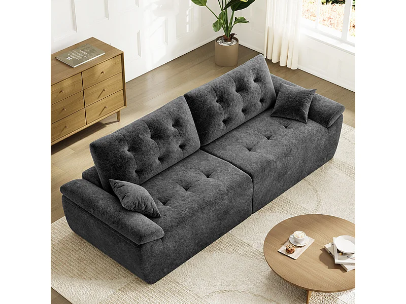 Canapé modulable en tissu chenille, 3/4 places, avec 2 oreillers, 275x102x90cm, Gris
