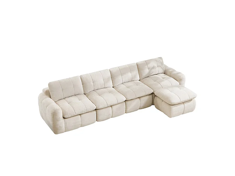 Sofá 4 plazas esquinero modular en tela chenilla, con puf, 334x160x68cm, Beige