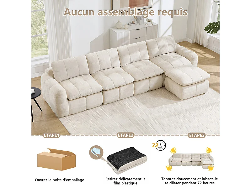 Sofá 4 plazas esquinero modular en tela chenilla, con puf, 334x160x68cm, Beige