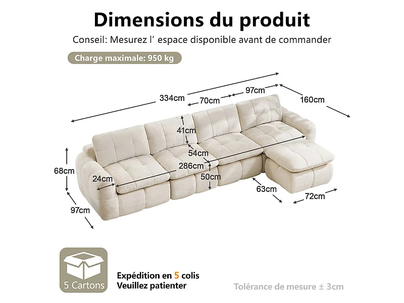 Sofá 4 plazas esquinero modular en tela chenilla, con puf, 334x160x68cm, Beige