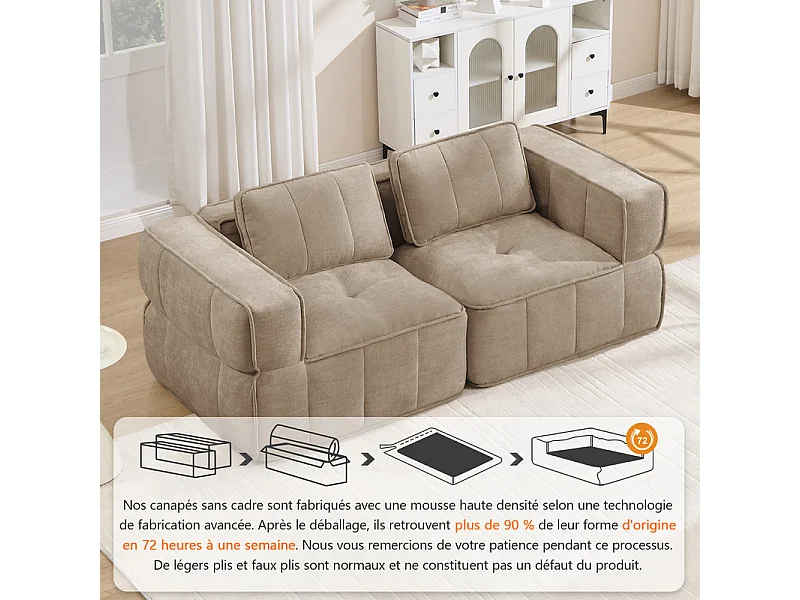 Sofá 2 plazas modular en tela marrón, con base antideslizante y amplios reposabrazos, 198x93x67cm
