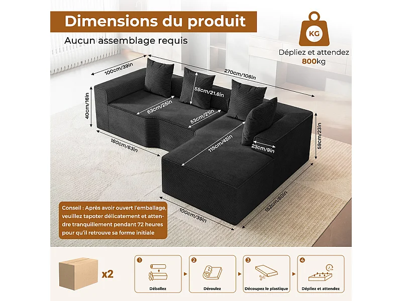 Canapé d'angle droit modulable, velours côtelé, avec 4 oreillers et méridienne, 270x152x59cm, Noir