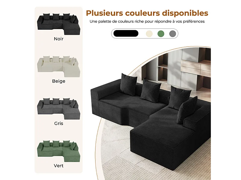 Canapé d'angle droit modulable, velours côtelé, avec 4 oreillers et méridienne, 270x152x59cm, Noir