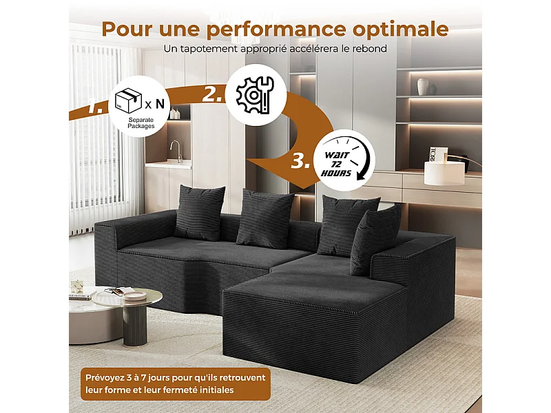 Canapé d'angle droit modulable, velours côtelé, avec 4 oreillers et méridienne, 270x152x59cm, Noir