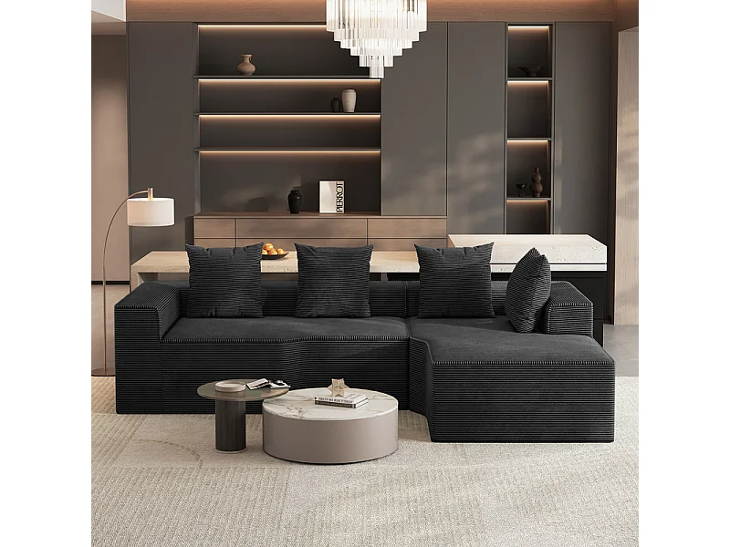 Canapé d'angle droit modulable, velours côtelé, avec 4 oreillers et méridienne, 270x152x59cm, Noir